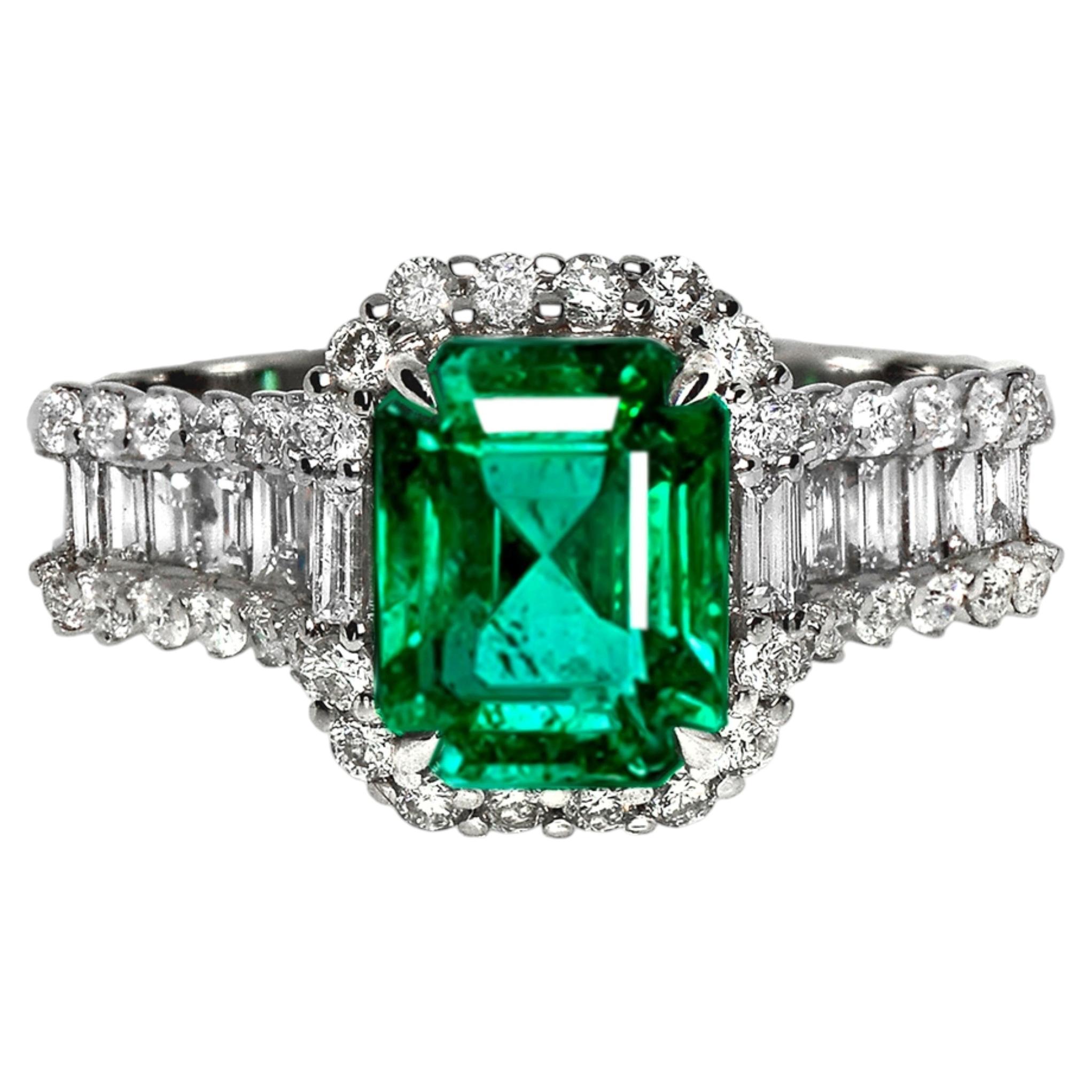 IGI 18K 2.00 Ct Natural Vivid Green Emerald&Diamonds Art Deco Engagement Ring