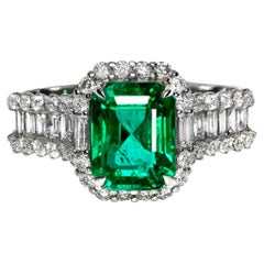 IGI 18K 2.00 Ct Natural Vivid Green Emerald&Diamonds Art Deco Engagement Ring