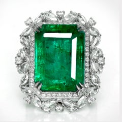 IGI 18K 20.15 Ct White Gold Vivid Green Emerald&Diamonds Antique Engagement Ring