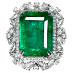 IGI 18K 20.15 Ct White Gold Vivid Green Emerald&Diamonds Antique Engagement Ring
