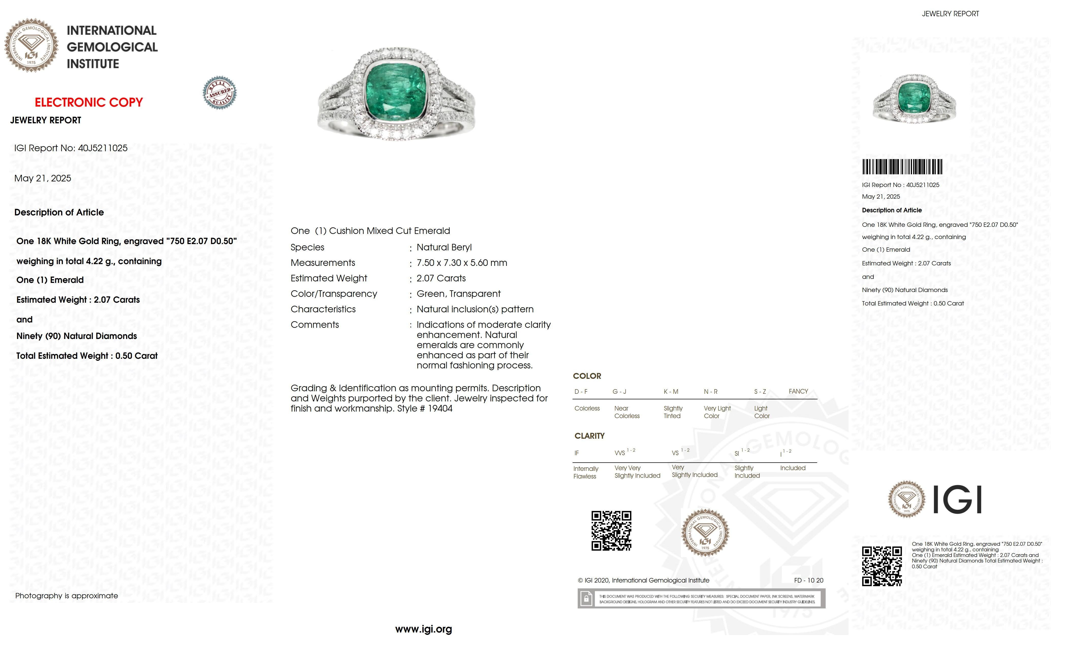 Bague de fiançailles IGI 18K 2.07 Ct Emerald&Diamonds Antique en vente 2