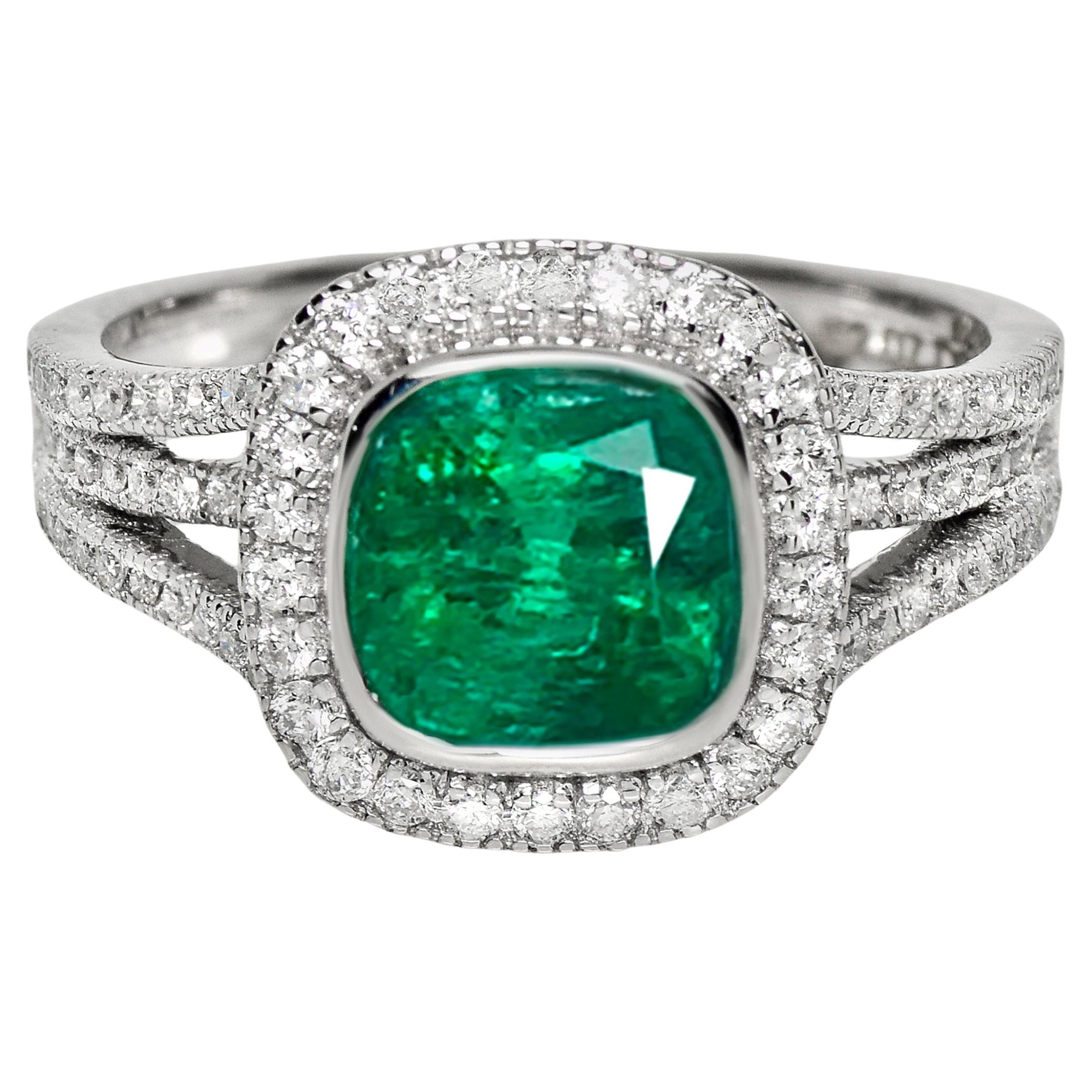 Bague de fiançailles IGI 18K 2.07 Ct Emerald&Diamonds Antique