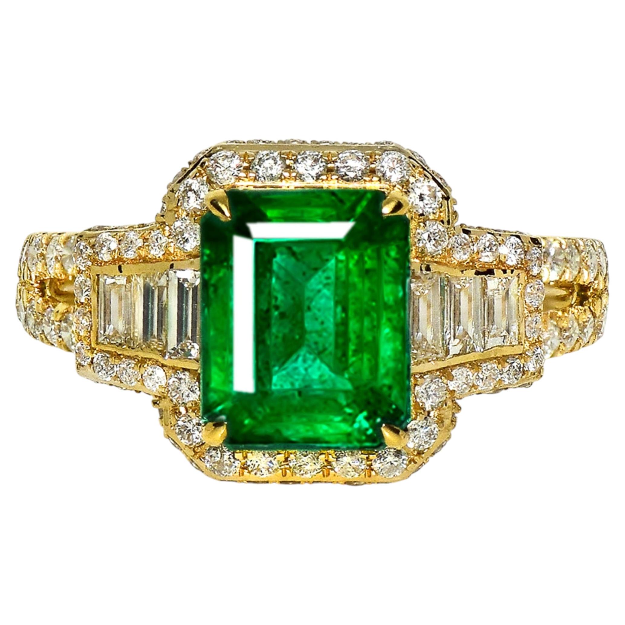 IGI 18K 2.07 Ct Natural Vivid Green Emerald&Diamonds Art Deco Engagement Ring