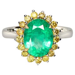 IGI 18k 2.08ct Emerald&Yellow Diamond Antique Art Deco Style Engagement Ring