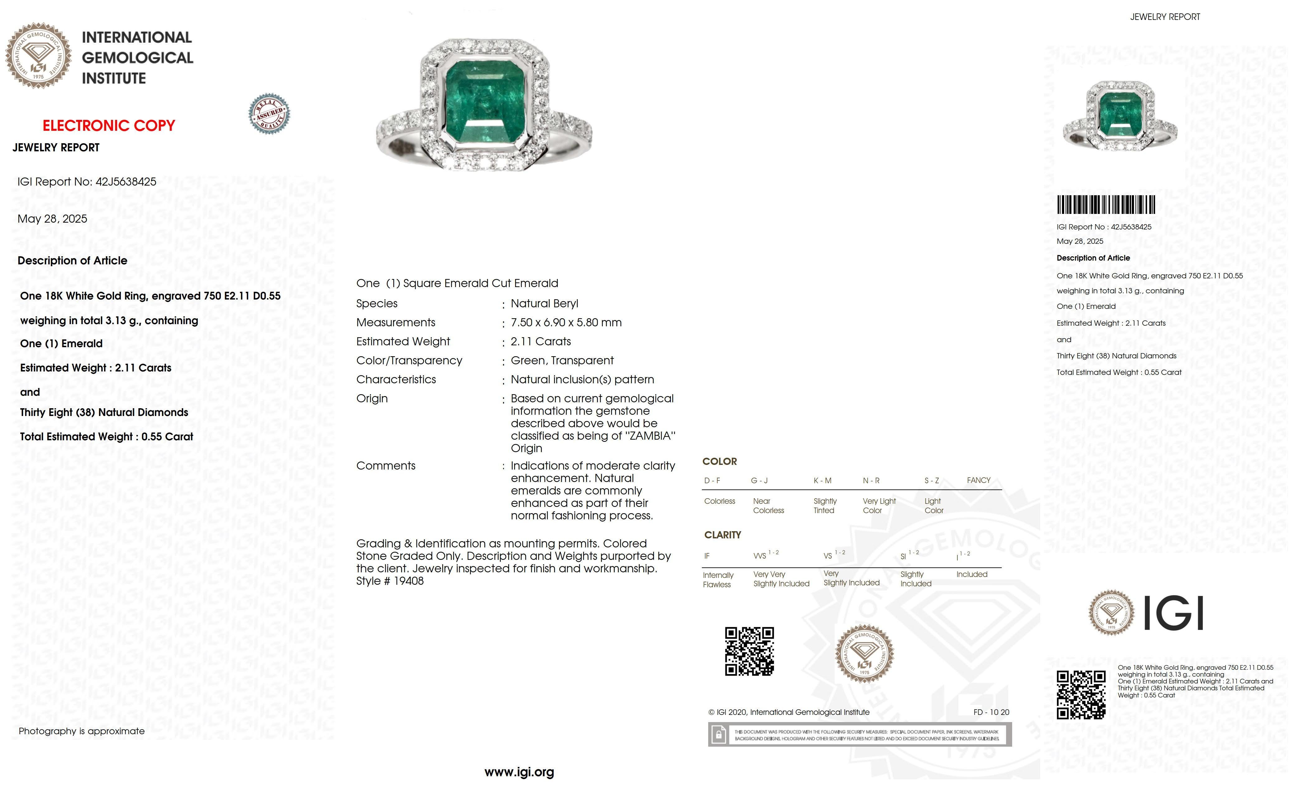 IGI 18K 2.11 Ct Zambia Esmeralda&Diamantes Anillo de Compromiso Antiguo en venta 2