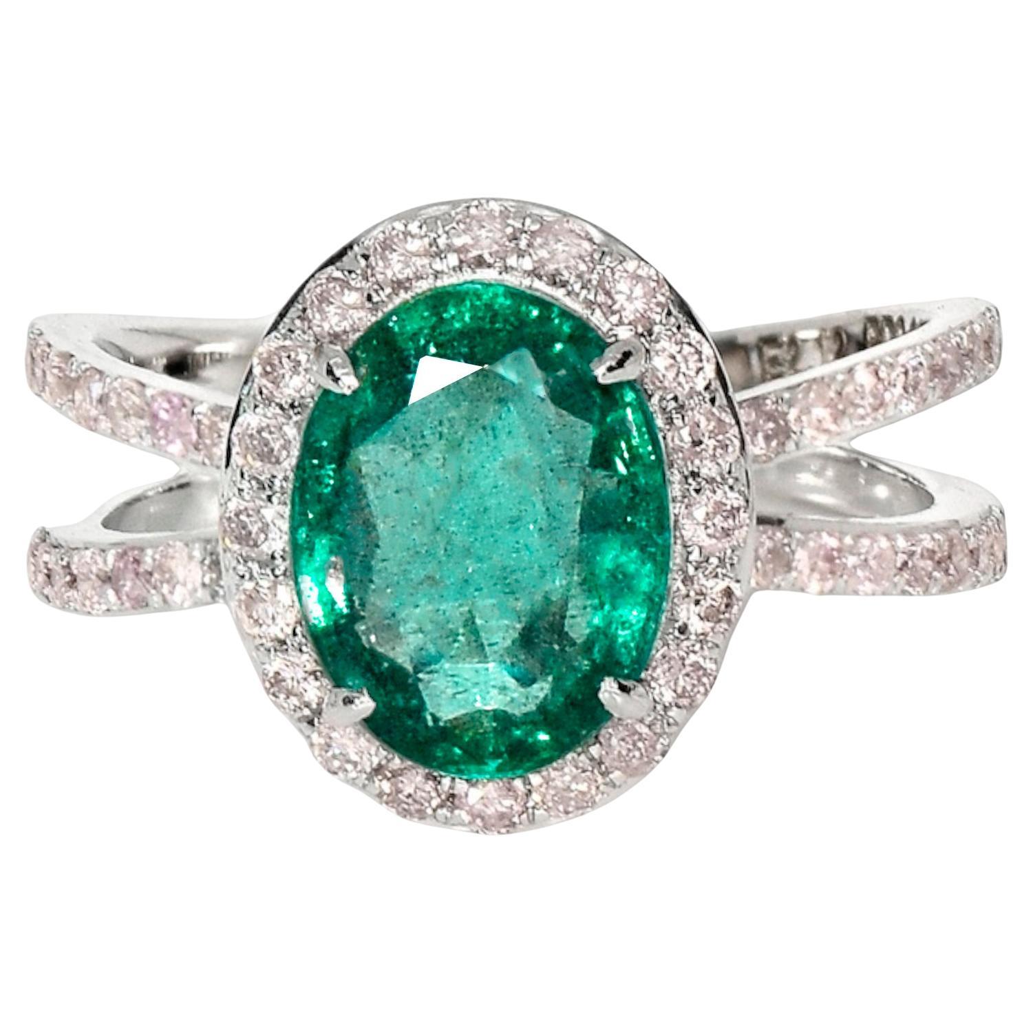 IGI 2.12 ct 18K White Gold Natural Green Emerald&Pink Diamond Engagement Ring