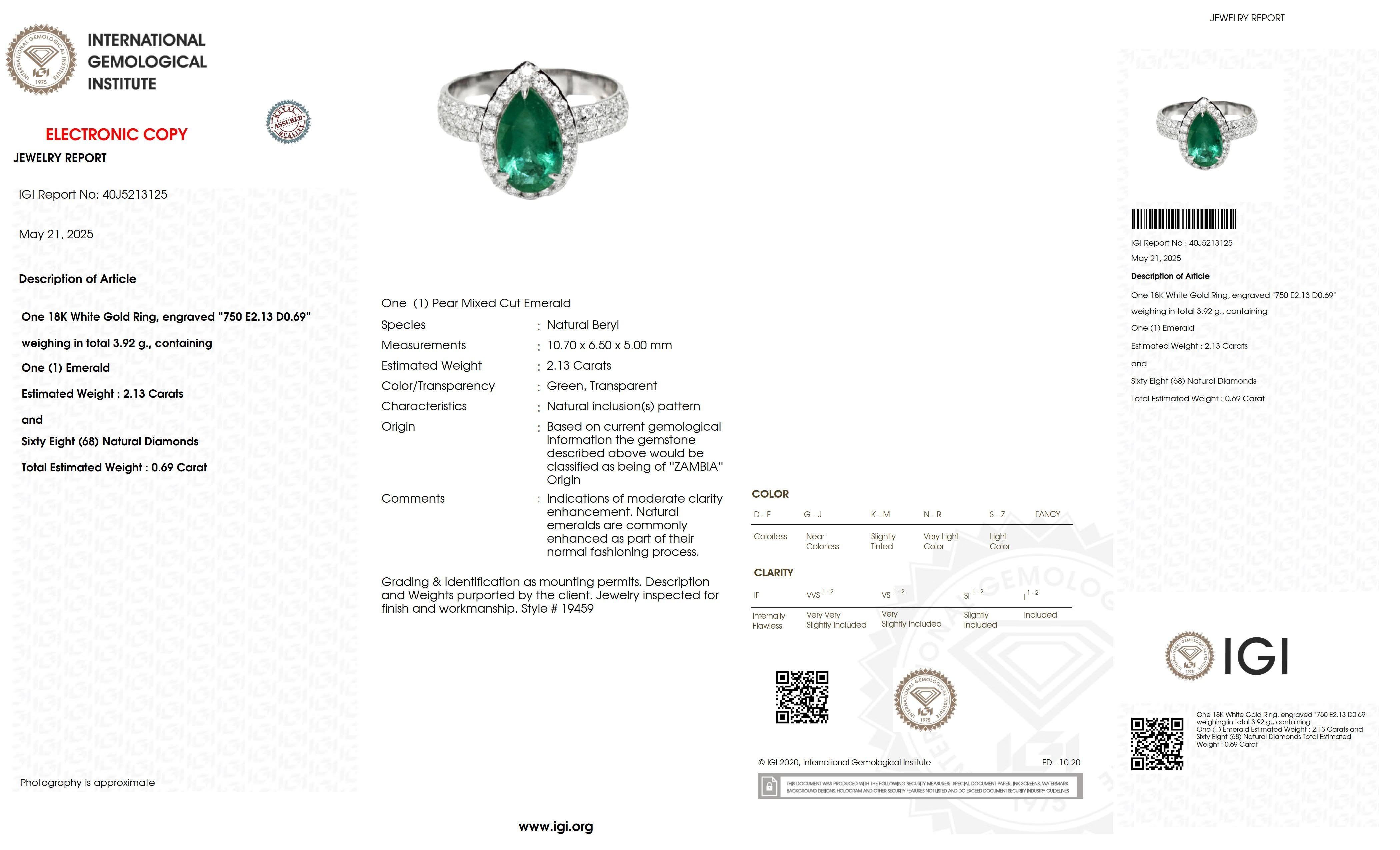 Bague de fiançailles IGI 18K 2.13 Ct Zambia Emerald&Diamonds Antique en vente 2