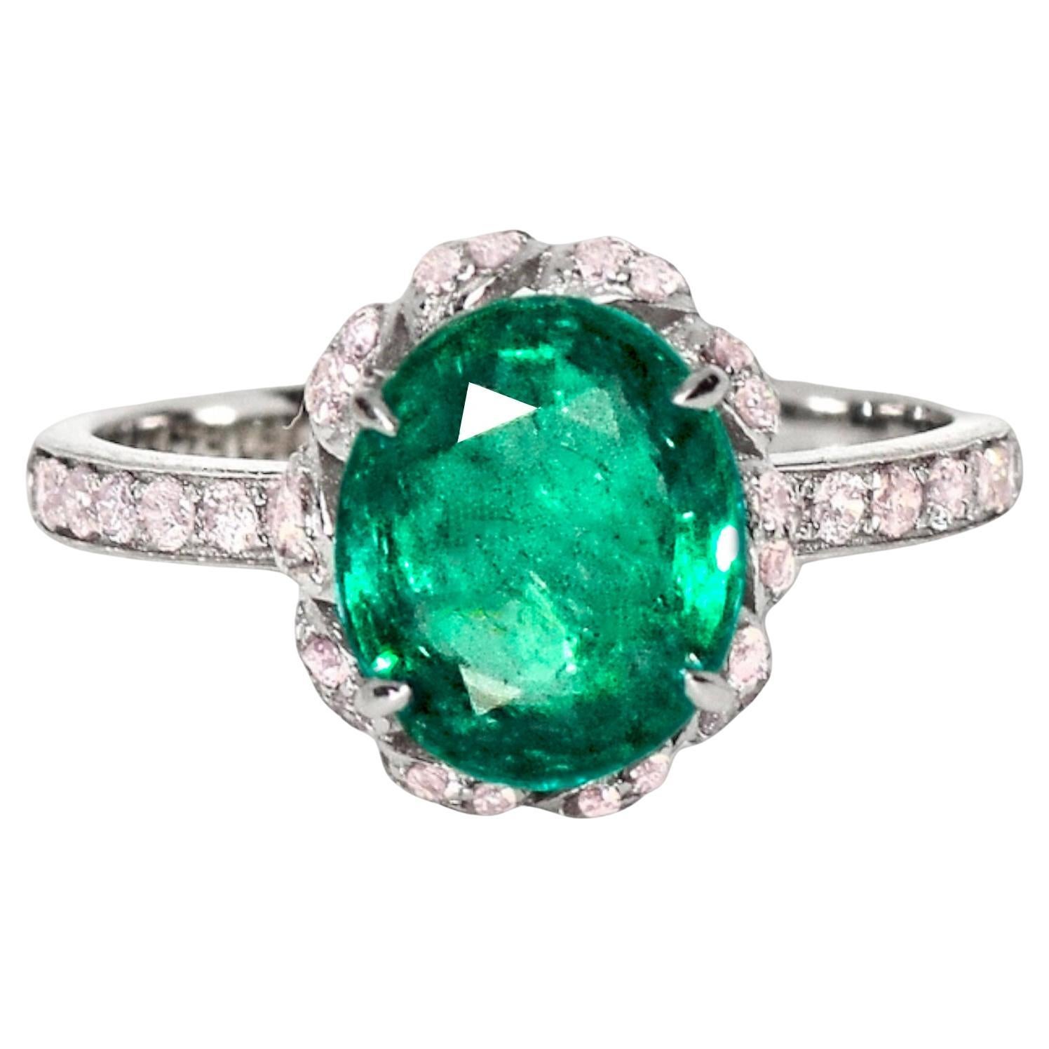 IGI 2.15 ct 18K Natural Green Emerald&Pink Diamond Art Deco Engagement Ring