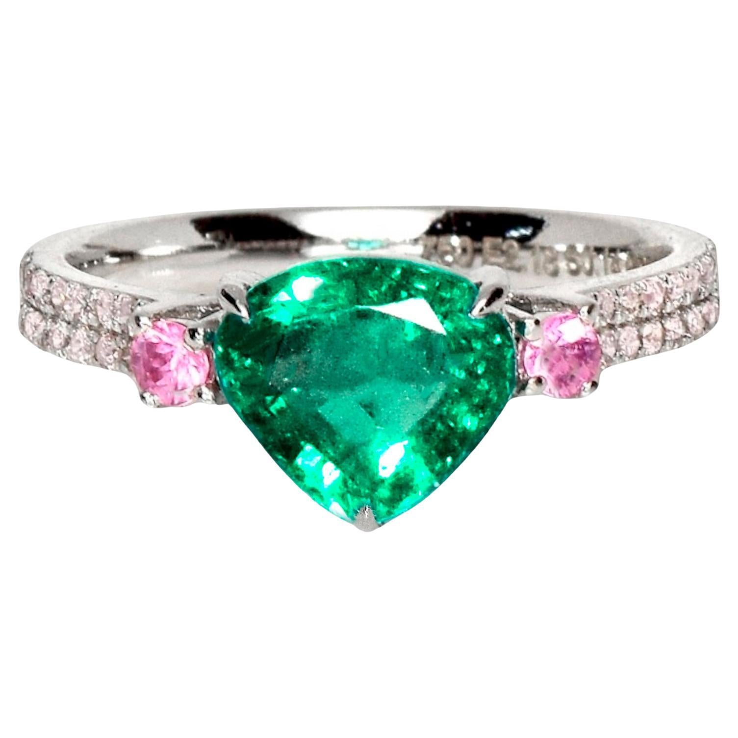 IGI Anillo de compromiso Art Déco de 2,18 quilates de esmeralda verde natural y diamante rosa de 18 quilates