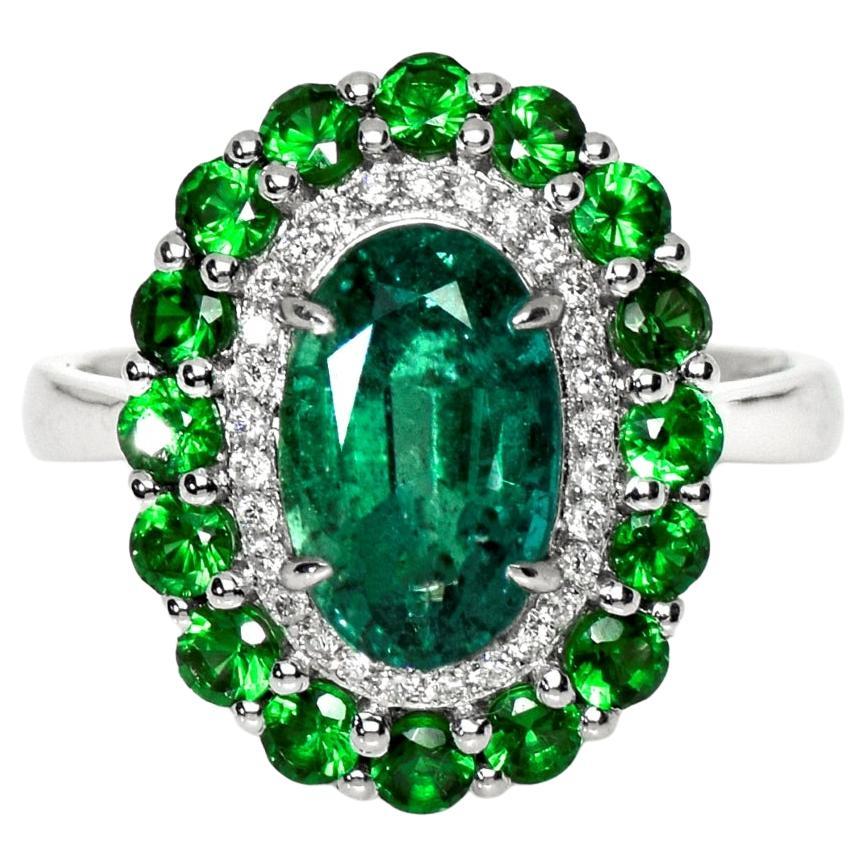 Anello di fidanzamento IGI 18k 2,21 carati con smeraldo e savorite in stile antico Art Deco