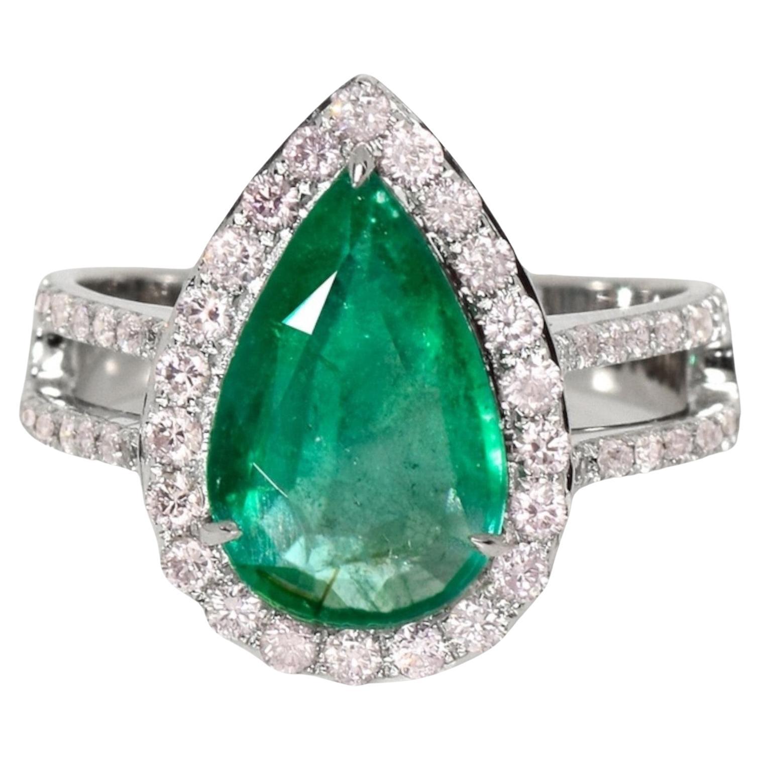 IGI 18k 2.25 Ct Emerald&Pink Diamonds Antique Art Deco Style Engagement Ring