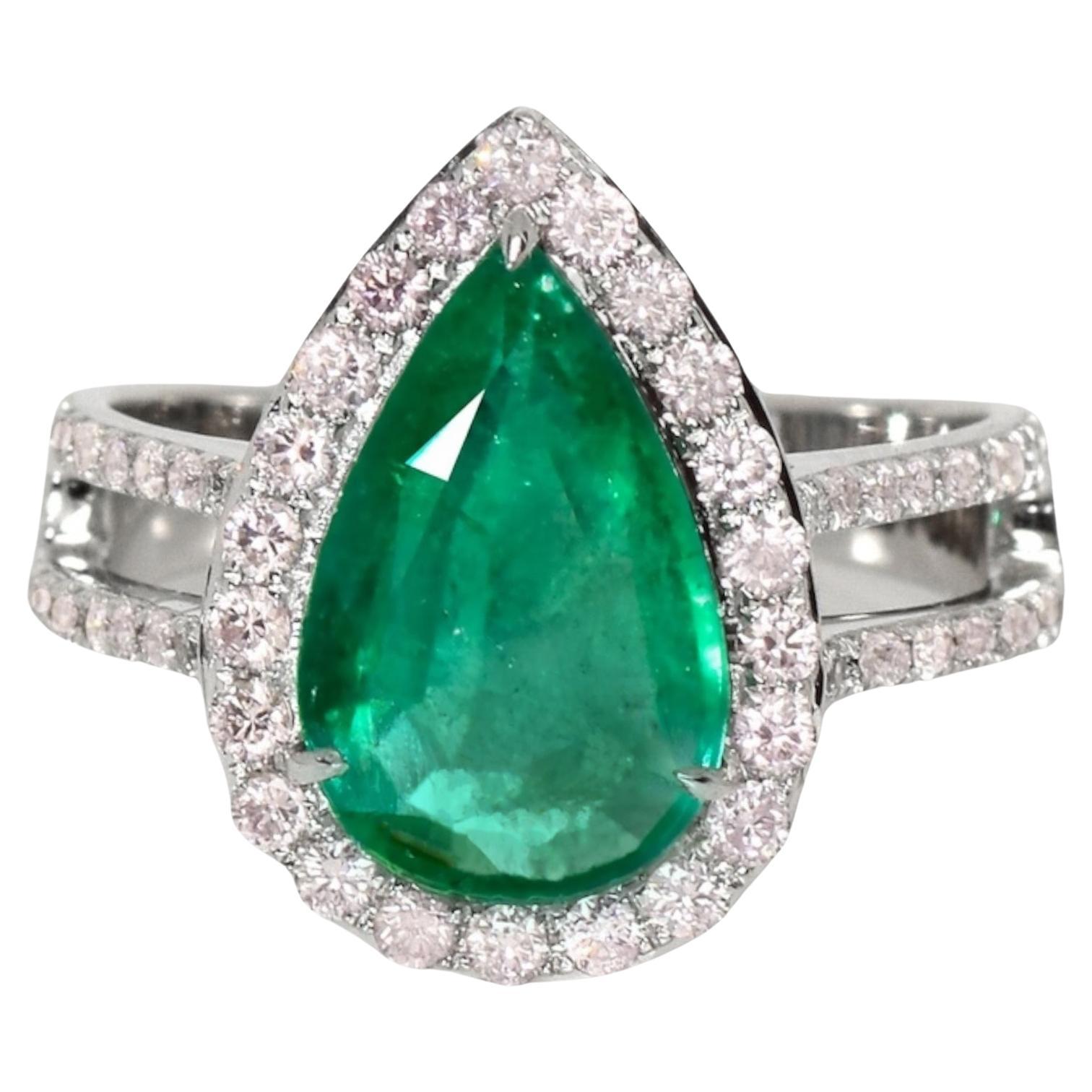 IGI 18k 2.25 Ct Emerald&Pink Diamonds Antique Art Deco Style Engagement Ring For Sale