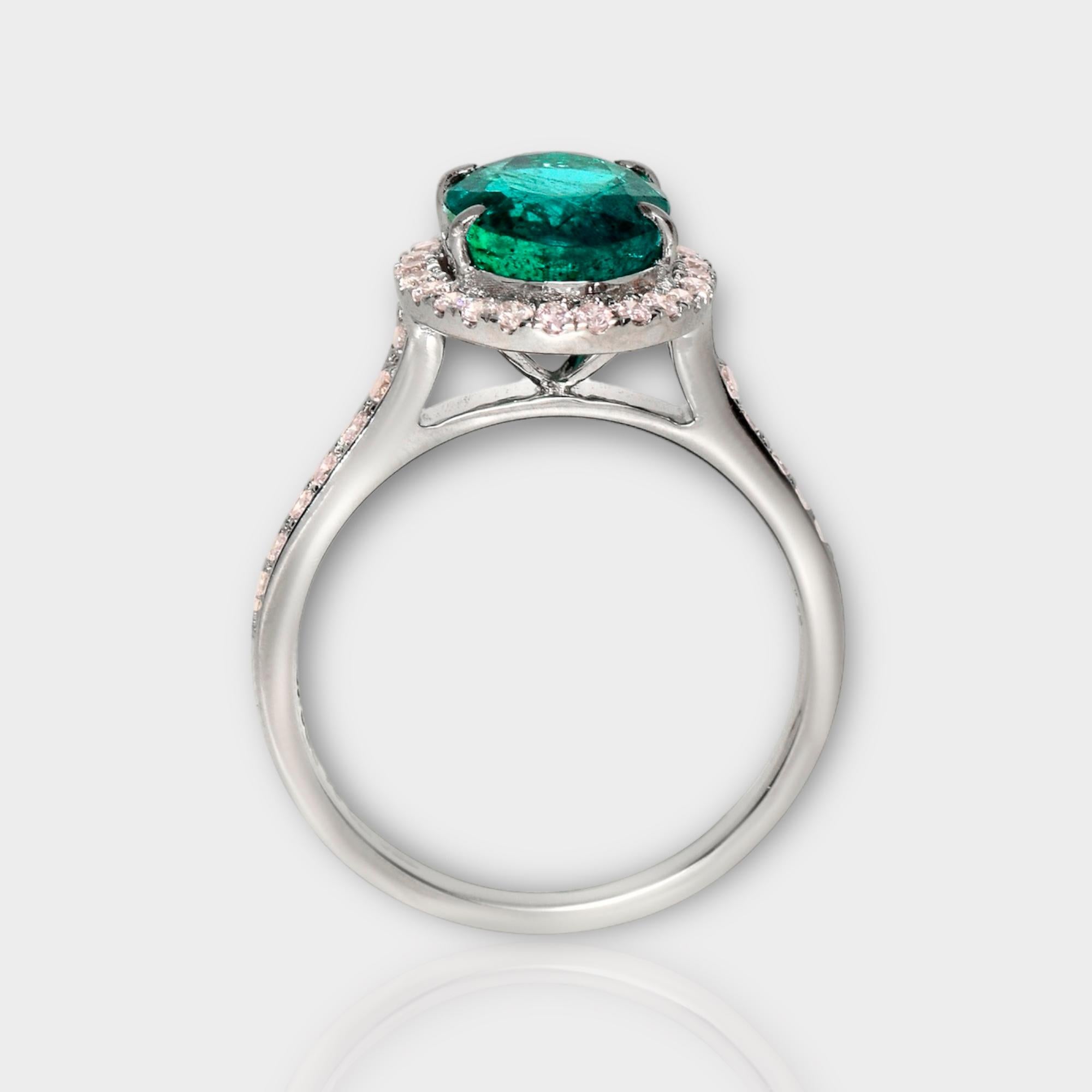 Oval Cut IGI 18k 2.31 Ct Emerald&Pink Diamonds Antique Art Deco Style Engagement Ring For Sale