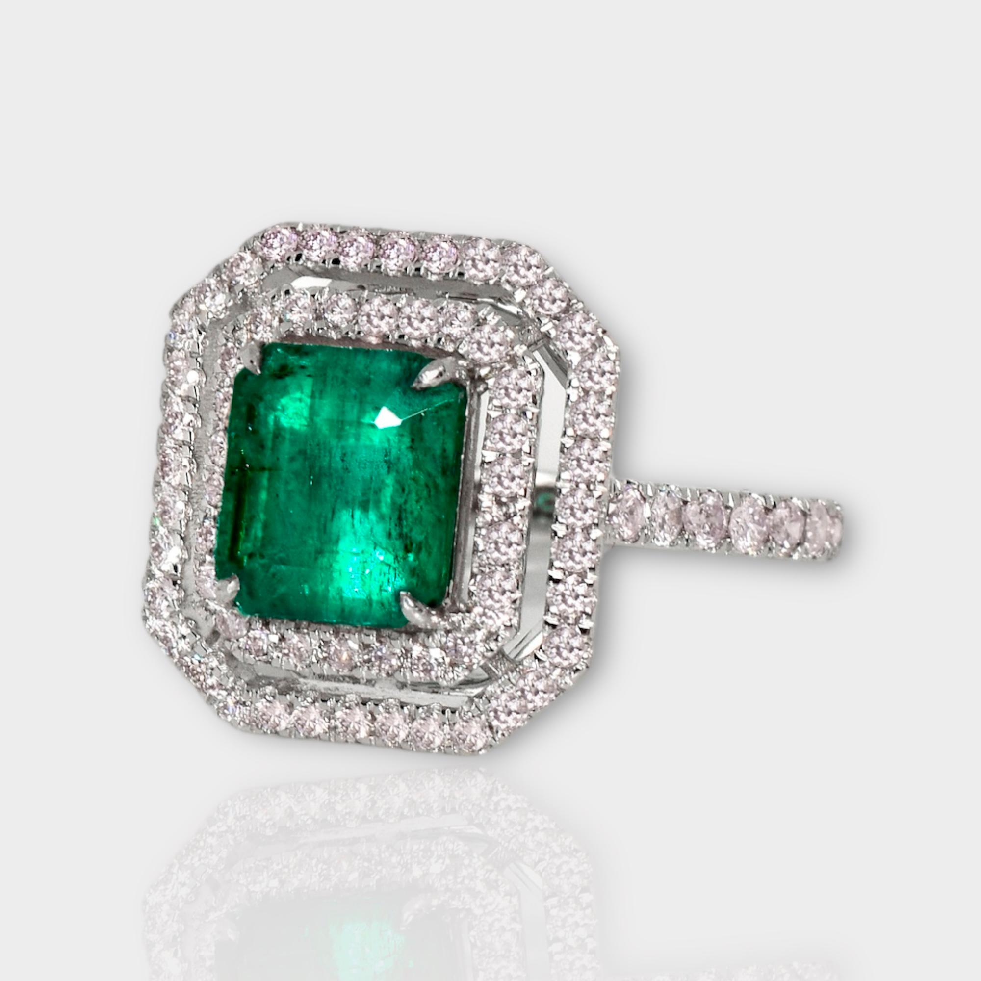 Contemporary IGI 18k 2.35 Ct Emerald&Pink Diamonds Antique Art Deco Style Engagement Ring For Sale