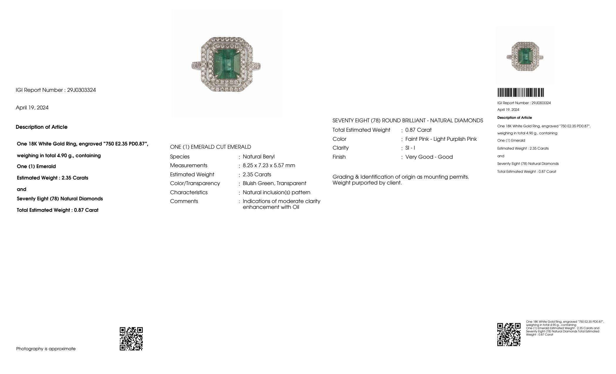 IGI 18k 2.35 Ct Emerald&Pink Diamonds Antique Art Deco Style Engagement Ring For Sale 2