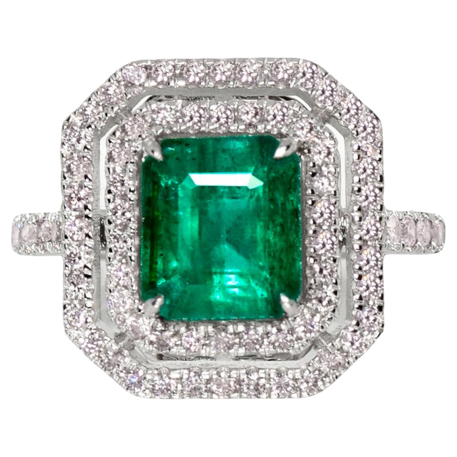 IGI 18k 2.35 Ct Emerald&Pink Diamonds Antique Art Deco Style Engagement Ring