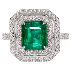 Bague de fiançailles IGI 18k 2.35 Ct Emerald&Pink Diamonds Antique Art Deco Style