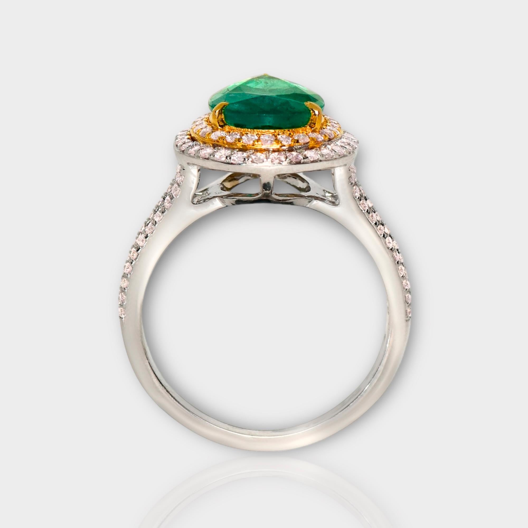 Pear Cut IGI 18k 2.42 Ct Emerald&Pink Diamonds Antique Art Deco Style Engagement Ring For Sale