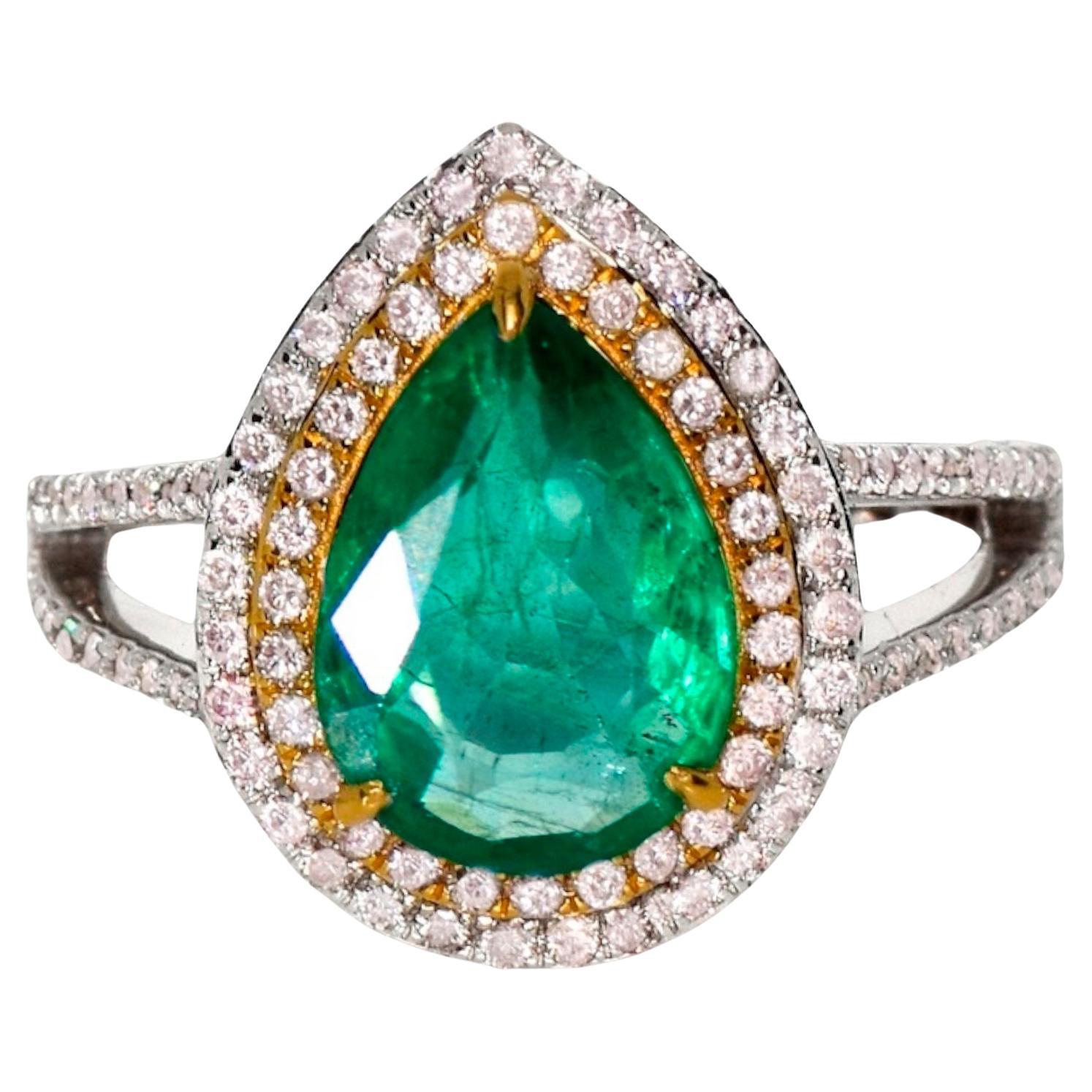 IGI 18k 2.42 Ct Emerald&Pink Diamonds Antique Art Deco Style Engagement Ring
