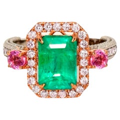 IGI 18k 2.55 Ct Emerald&Pink Diamonds Antique Art Deco Style Engagement Ring