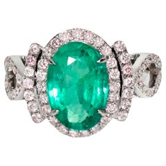 IGI 18k 2.59 Ct Emerald&Pink Diamonds Antique Art Deco Style Engagement Ring