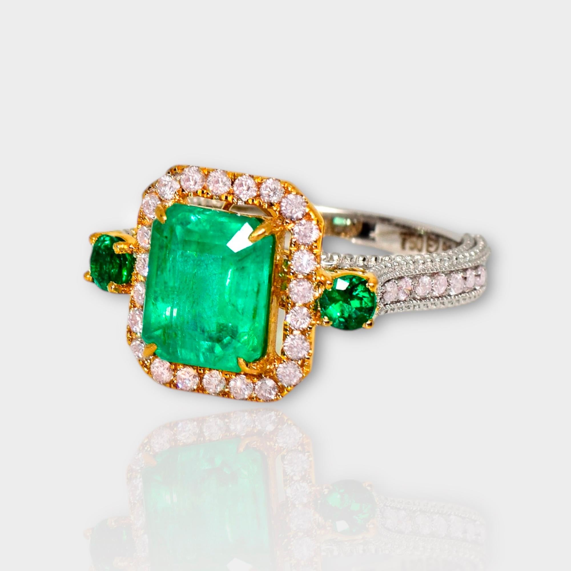 Emerald Cut IGI 18k 2.60 Ct Emerald&Pink Diamonds Antique Art Deco Style Engagement Ring For Sale