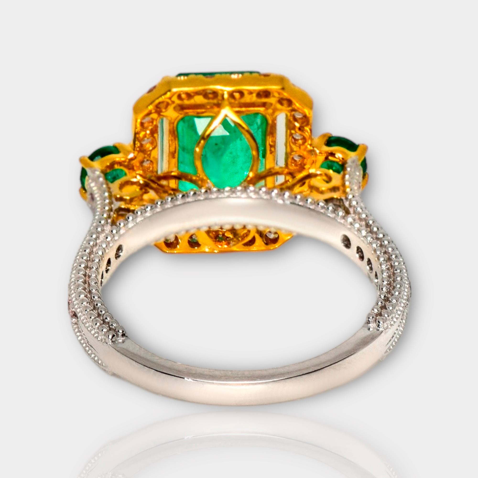 IGI 18k 2.60 Ct Emerald&Pink Diamonds Antique Art Deco Style Engagement Ring For Sale 2