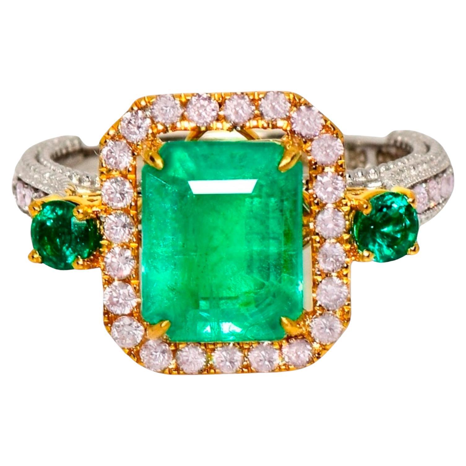 IGI 18k 2.60 Ct Emerald&Pink Diamonds Antique Art Deco Style Engagement Ring For Sale