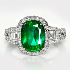 IGI 18K 2.60 Ct Natural Vivid Green Emerald&Diamonds Art Deco Engagement Ring