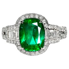 IGI 18K 2.60 Ct Natural Vivid Green Emerald&Diamonds Art Deco Engagement Ring