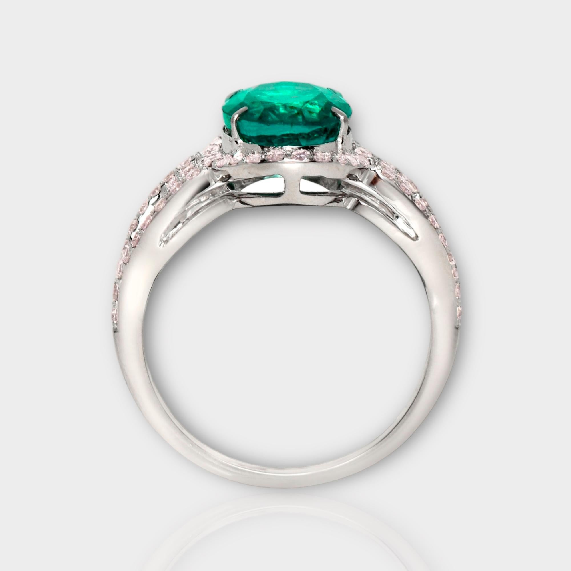 Oval Cut IGI 18k 2.66 Ct Emerald&Pink Diamonds Antique Art Deco Style Engagement Ring For Sale