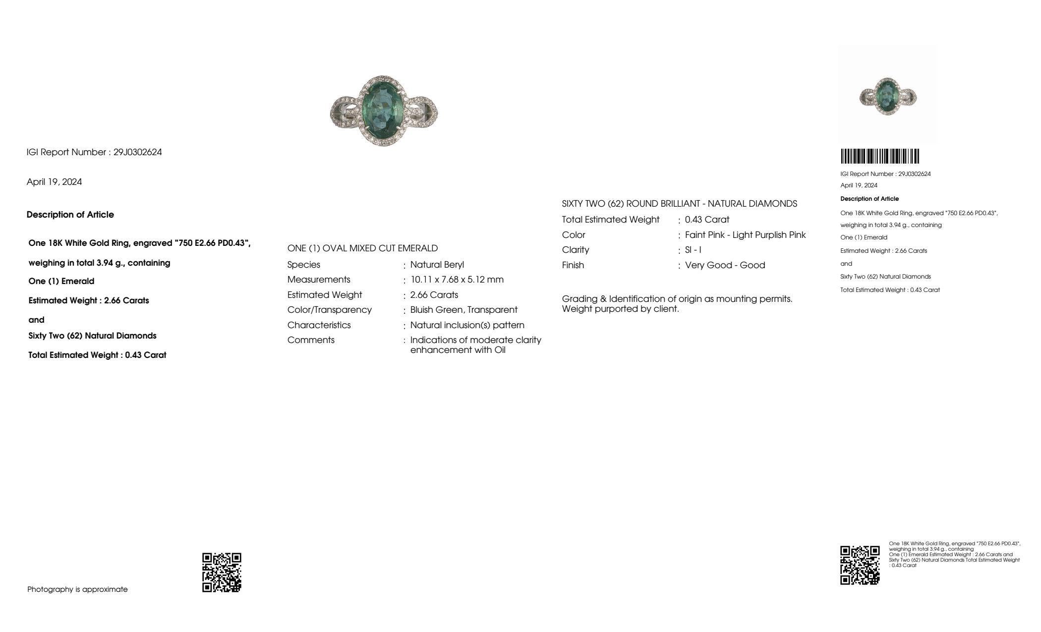 IGI 18k 2.66 Ct Emerald&Pink Diamonds Antique Art Deco Style Engagement Ring For Sale 2