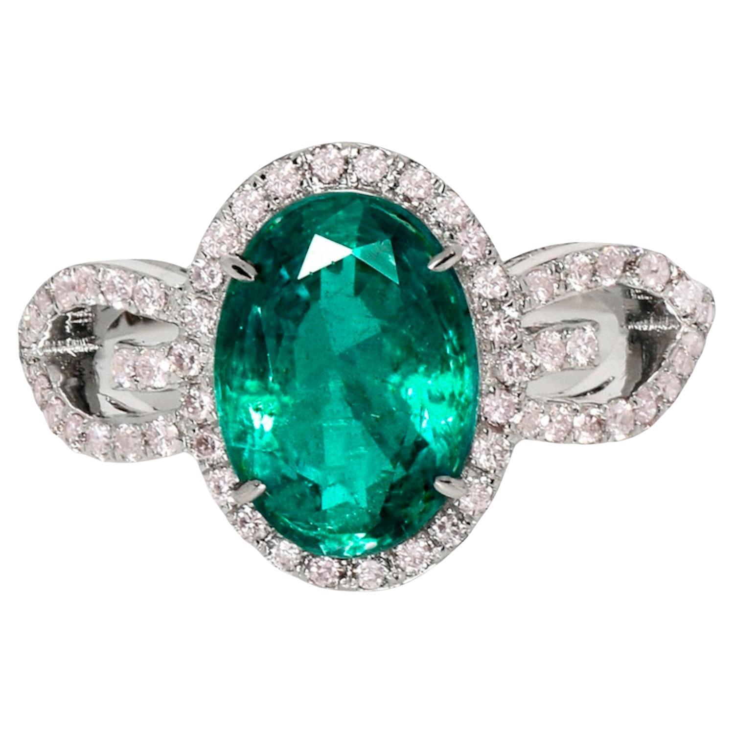 IGI 18k 2.66 Ct Emerald&Pink Diamonds Antique Art Deco Style Engagement Ring For Sale