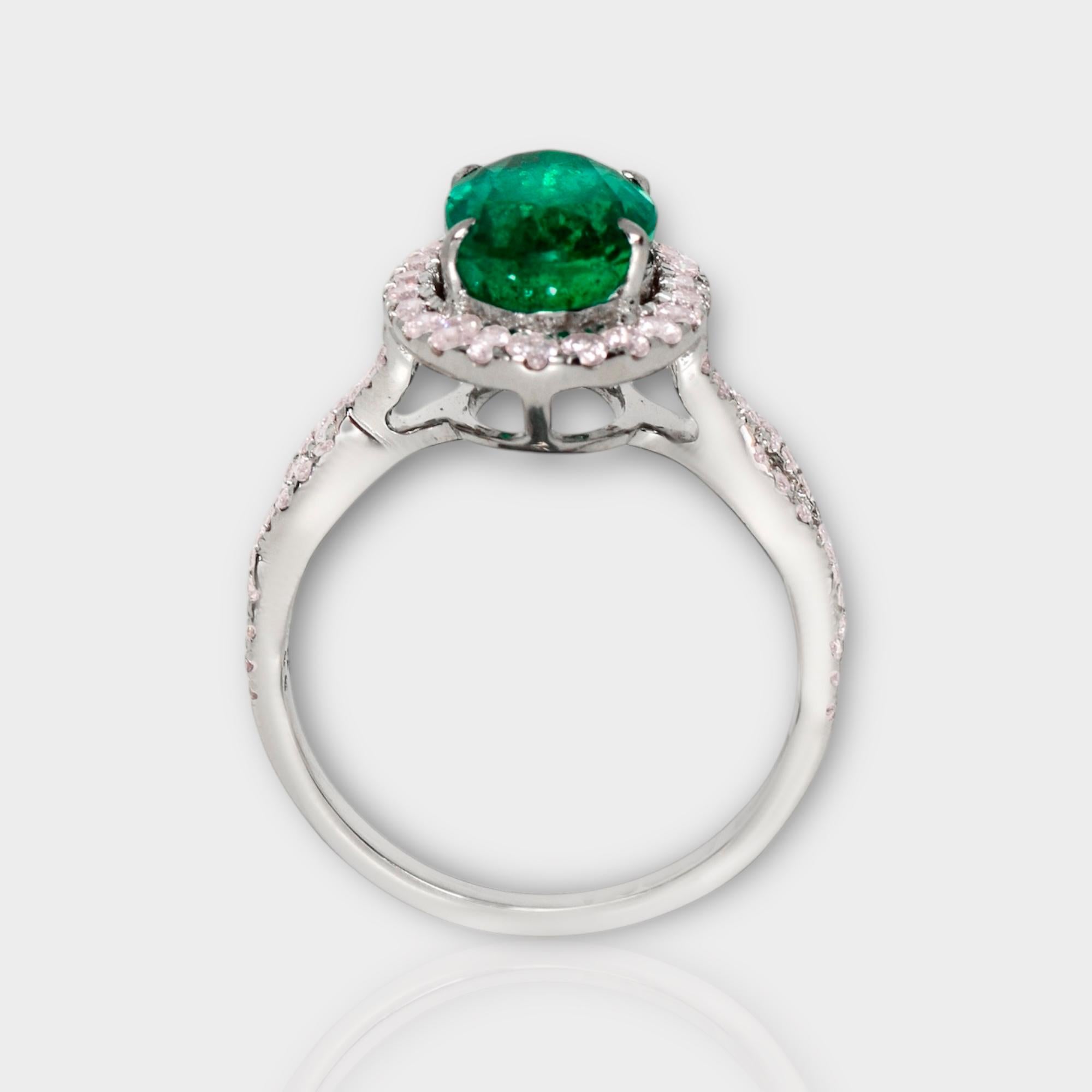 Oval Cut IGI 18k 2.67 Ct Emerald&Pink Diamonds Antique Art Deco Style Engagement Ring For Sale