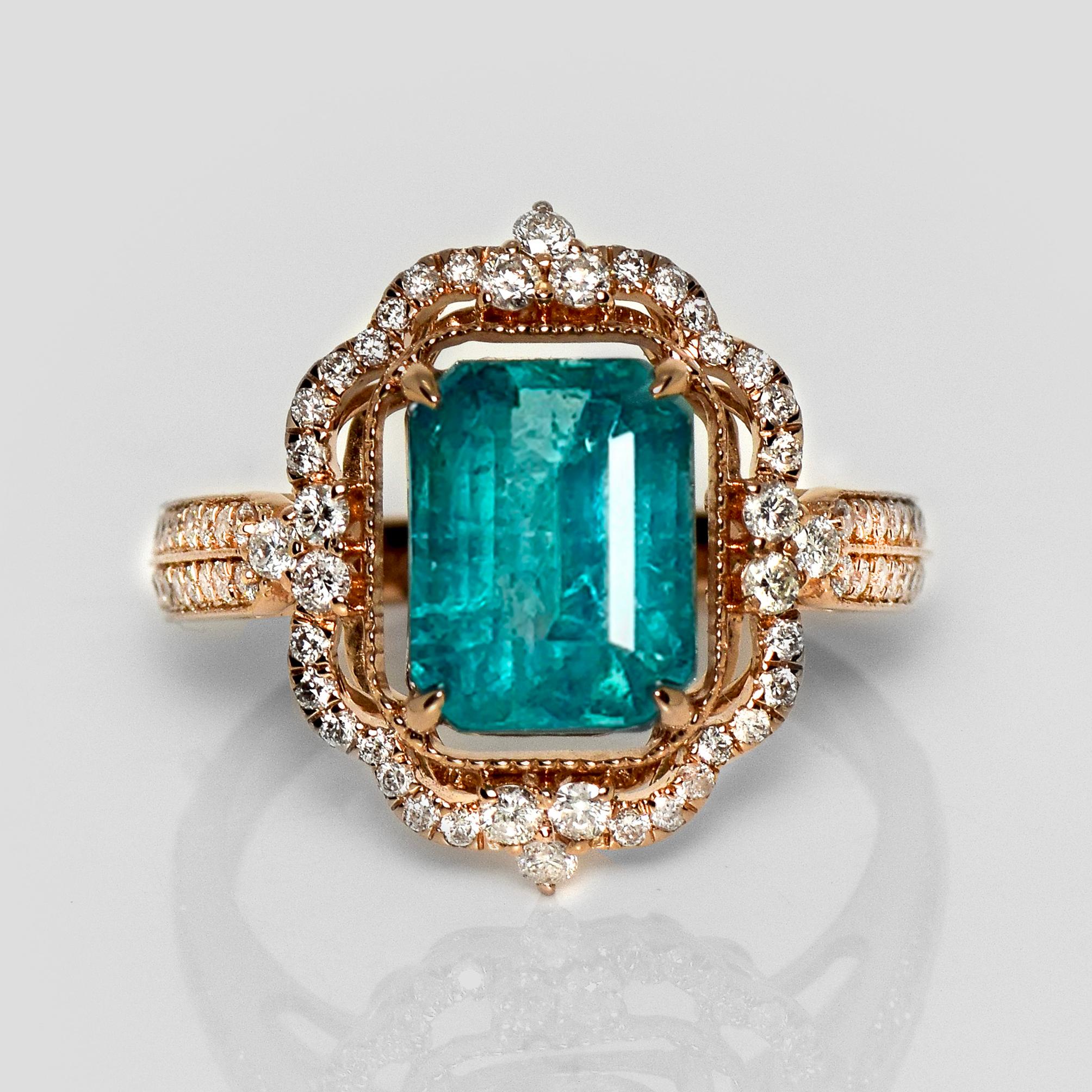 *IGI 18K 2.67 Ct Natural Paraiba Emerald&Diamonds Antique Engagement Ring*

An IGI-certified natural vivid bluish-green, Paraiba color emerald weighing 2.67 ct set on the 18K rose gold band with natural F-G, VS diamonds weighing 0.50 ct.

The ring
