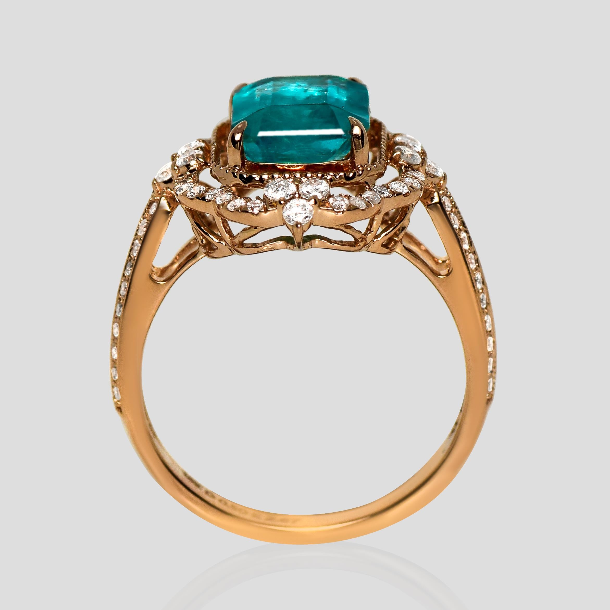 Emerald Cut IGI 18K 2.67 Ct Natural Paraiba Emerald&Diamonds Antique Engagement Ring For Sale