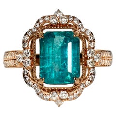 IGI 18K 2.67 Ct Natural Paraiba Emerald&Diamonds Antique Engagement Ring