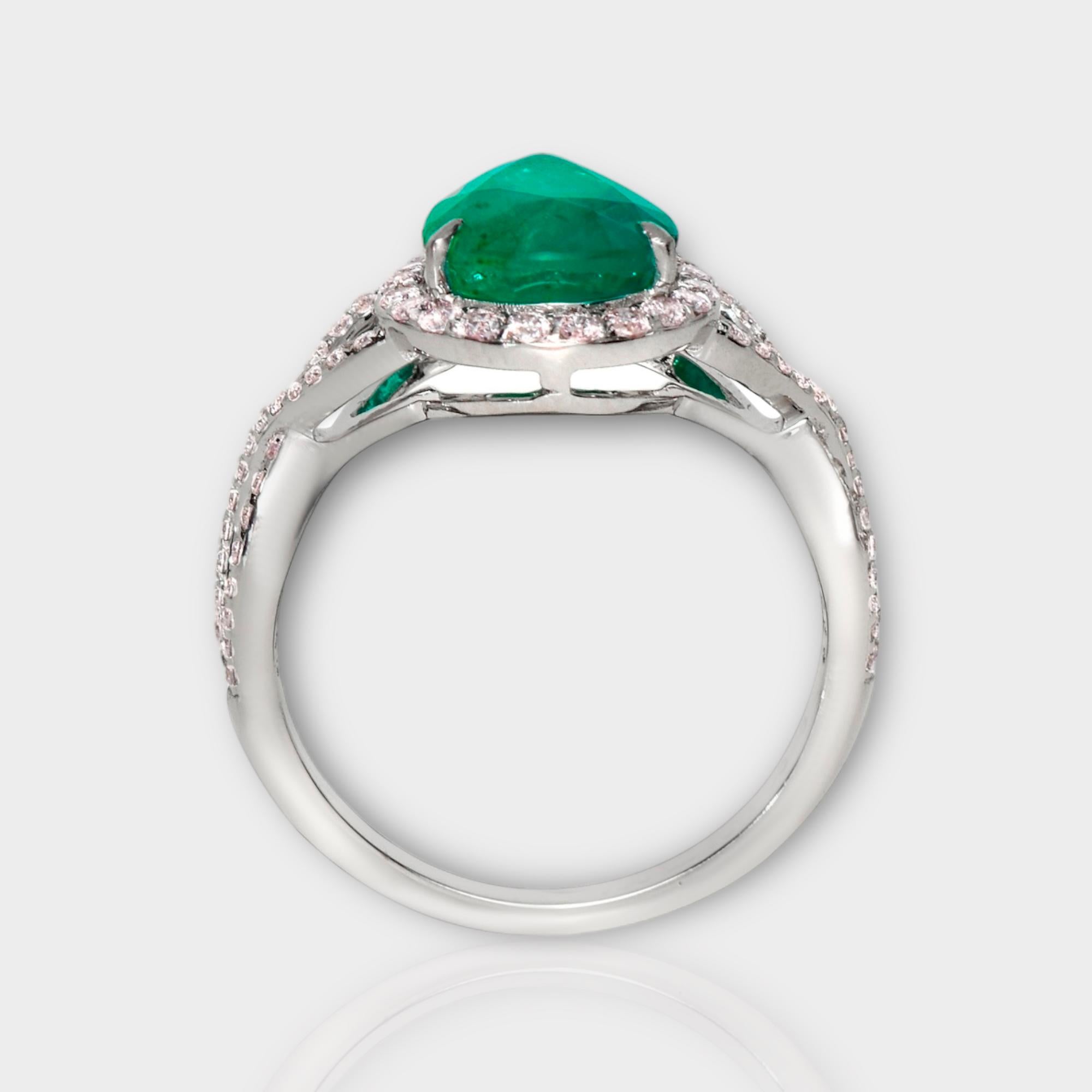 Pear Cut IGI 18k 2.70 Ct Emerald&Pink Diamonds Antique Art Deco Style Engagement Ring For Sale