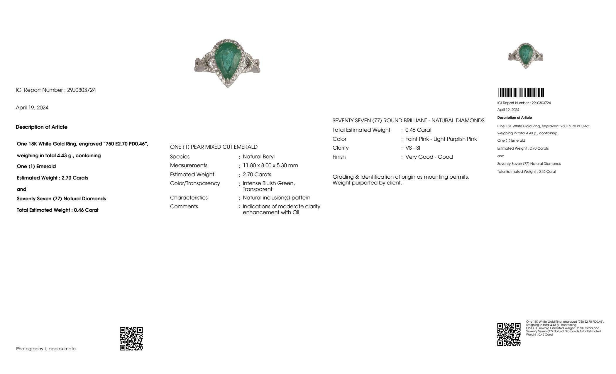 IGI 18k 2.70 Ct Emerald&Pink Diamonds Antique Art Deco Style Engagement Ring For Sale 2