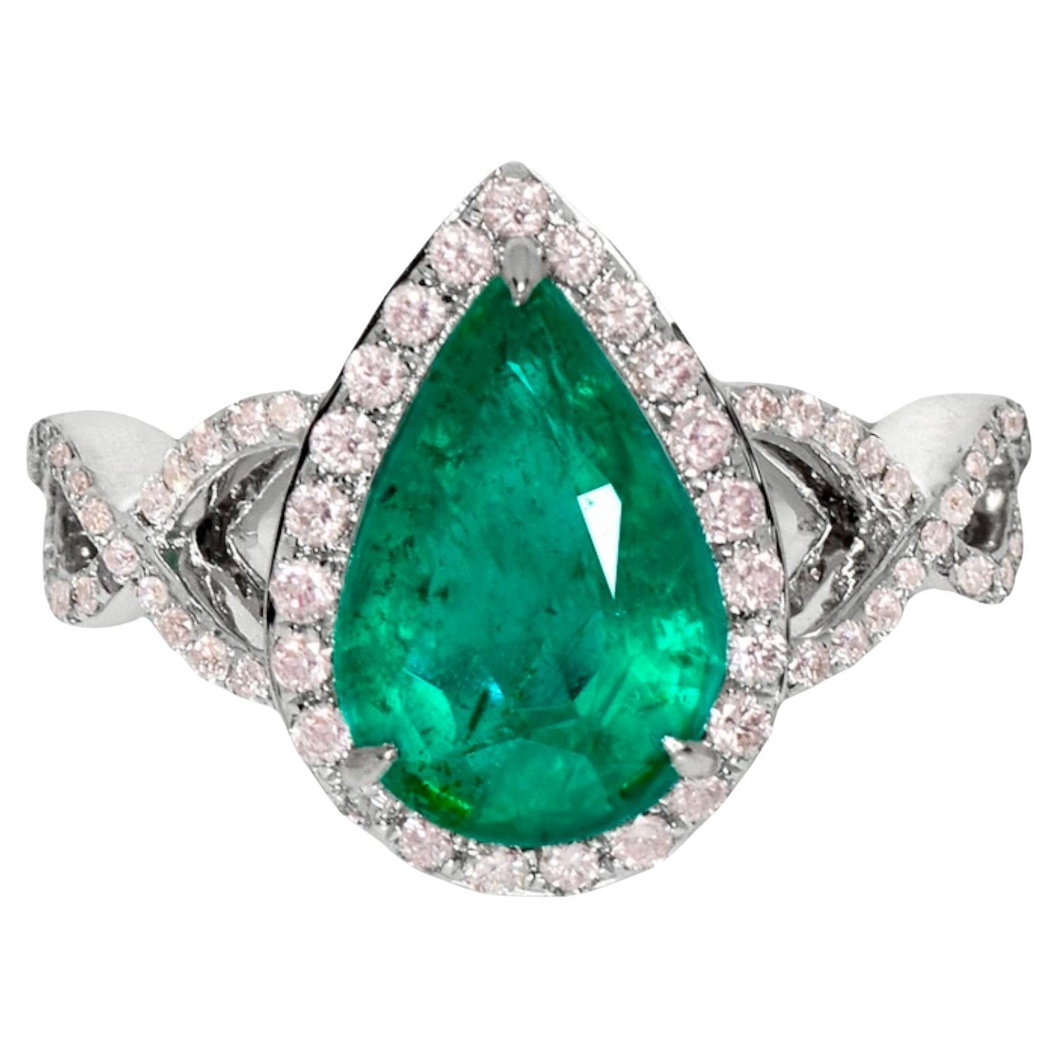 IGI 18k 2.70 Ct Emerald&Pink Diamonds Antique Art Deco Style Engagement Ring For Sale