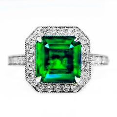 IGI 18K 2.78 Ct Natural Vivid Green Emerald&Diamonds Antique Engagement Ring
