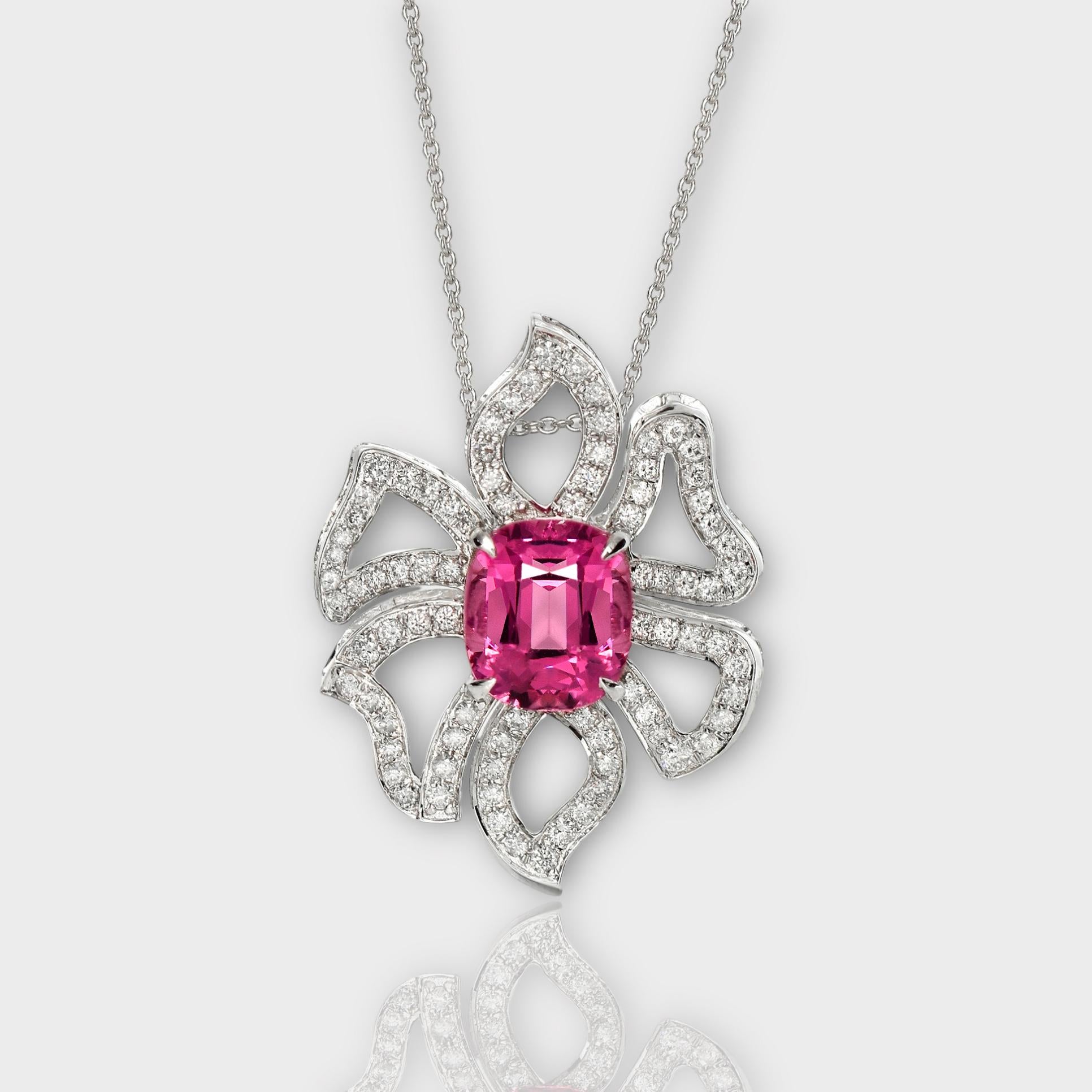 Cushion Cut IGI 18K 2.78 Ct White Gold Top Padparadscha Pink Spinel&Diamonds Necklace For Sale