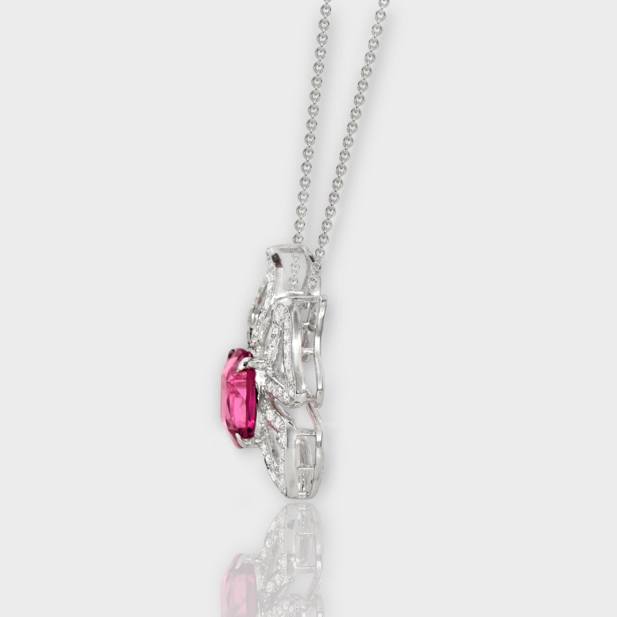 IGI 18K 2.78 Ct White Gold Top Padparadscha Pink Spinel&Diamonds Necklace For Sale 1