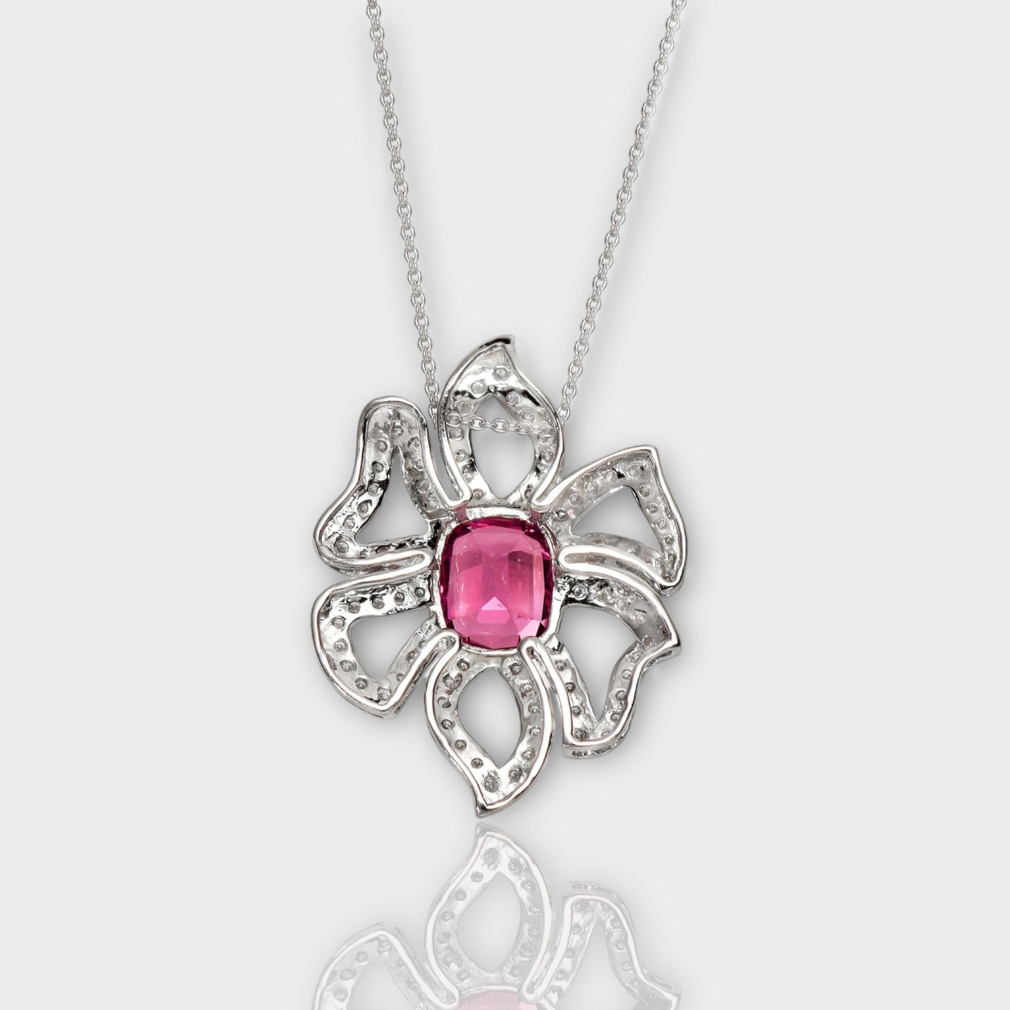 IGI 18K 2.78 Ct White Gold Top Padparadscha Pink Spinel&Diamonds Necklace For Sale 2
