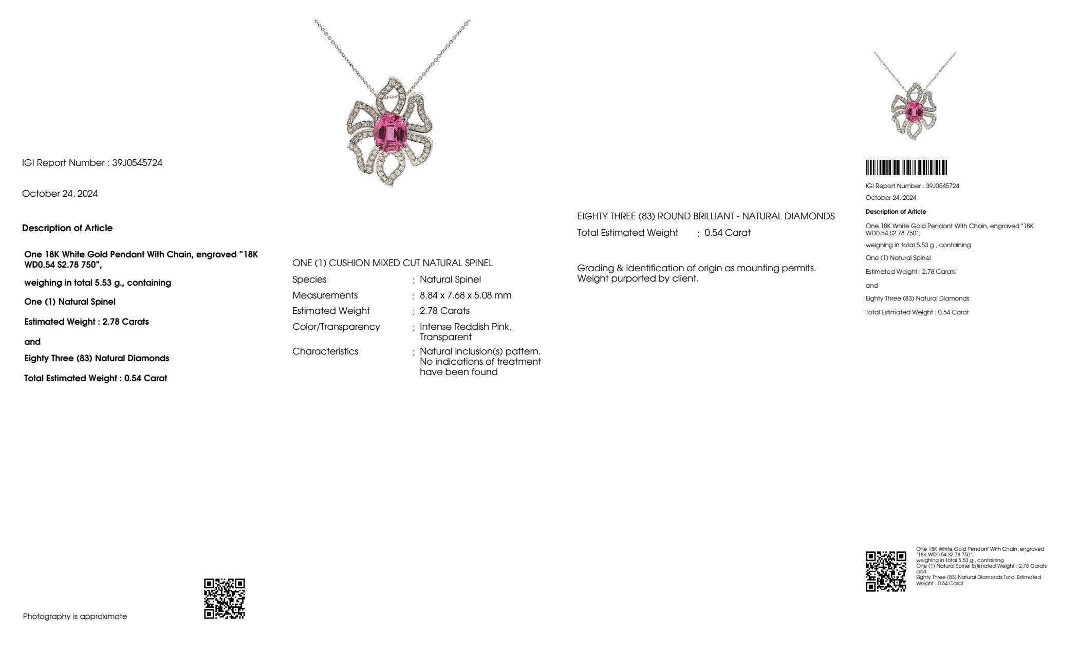 IGI 18K 2.78 Ct White Gold Top Padparadscha Pink Spinel&Diamonds Necklace For Sale 3