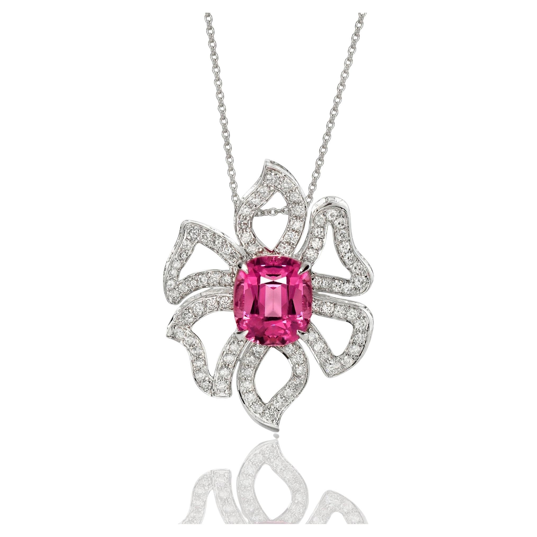 IGI 18K 2.78 Ct White Gold Top Padparadscha Pink Spinel&Diamonds Necklace