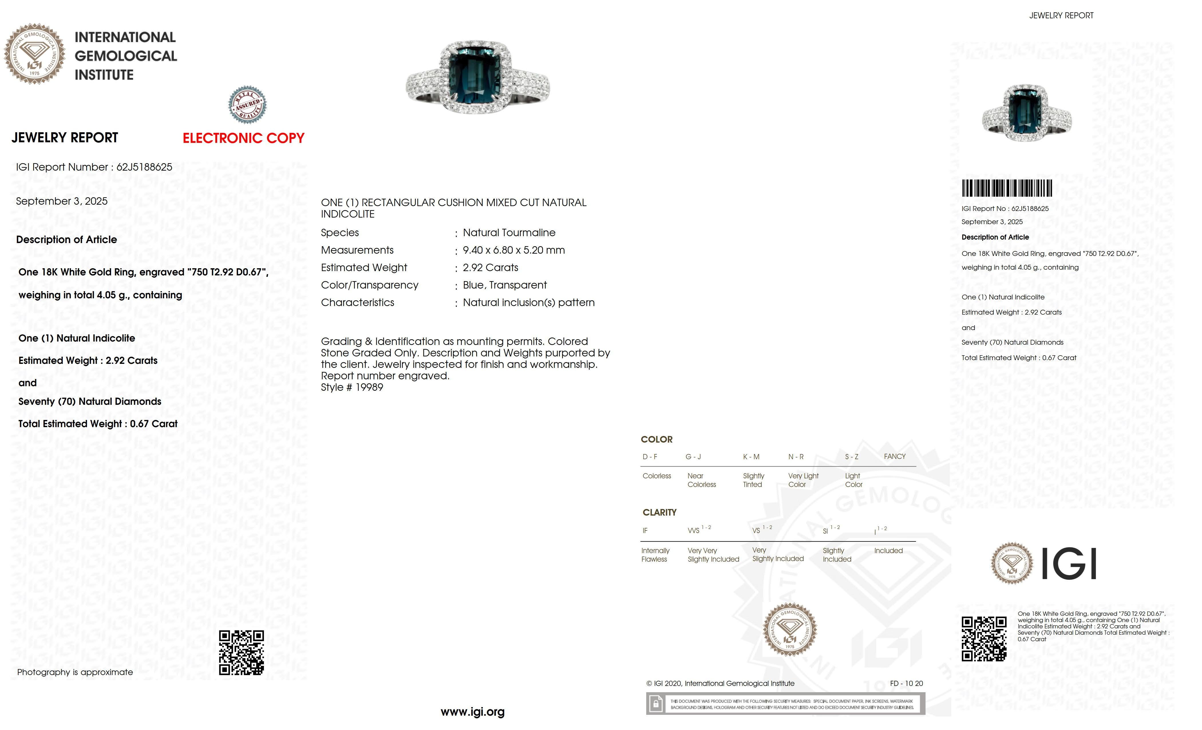 IGI 18K 2,92 ct  Bague de fiançailles ancienne en Indicolite bleu naturel et diamants en vente 2