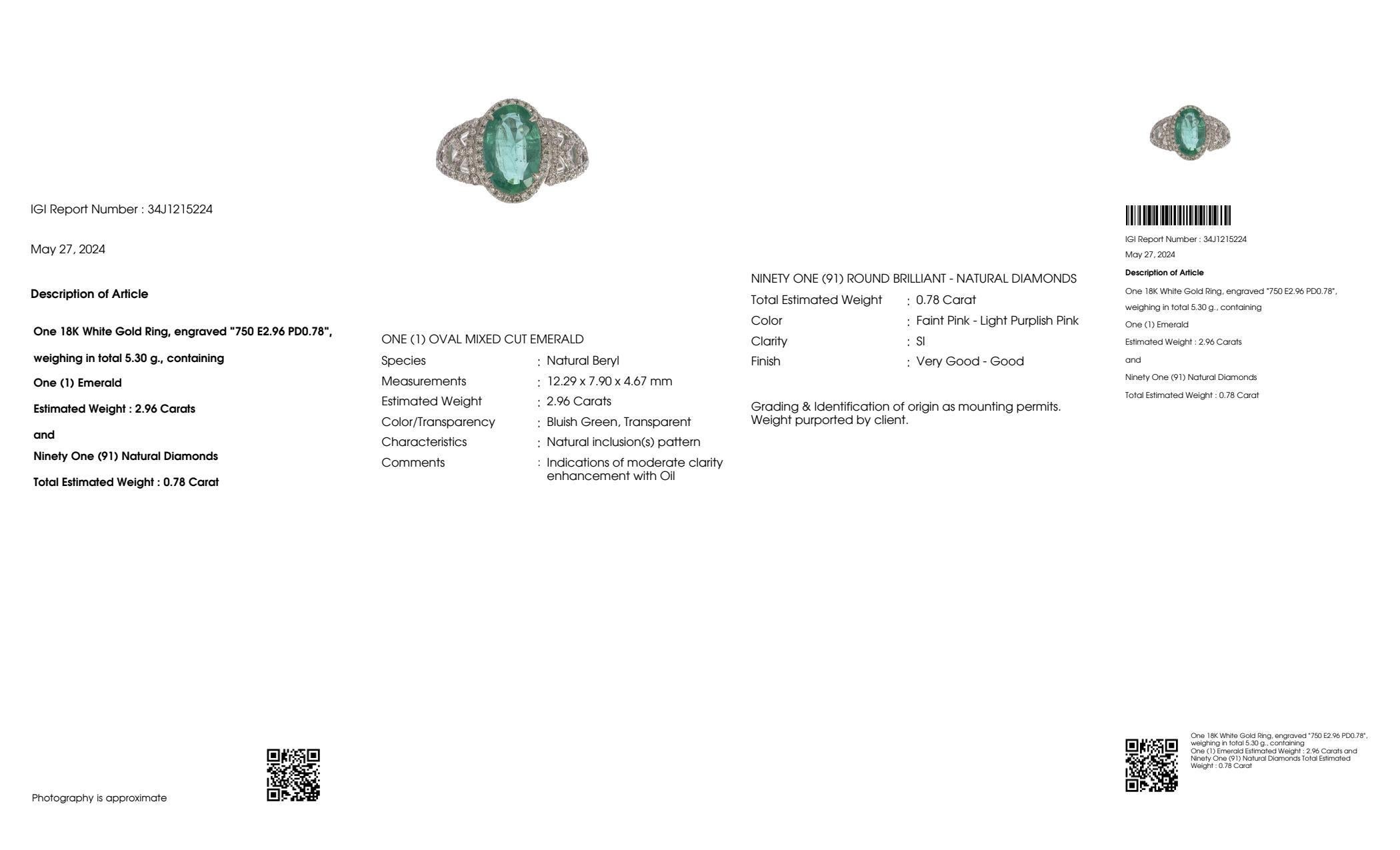 IGI 18k 2.96 Ct Emerald&Pink Diamonds Antique Art Deco Style Engagement Ring For Sale 2