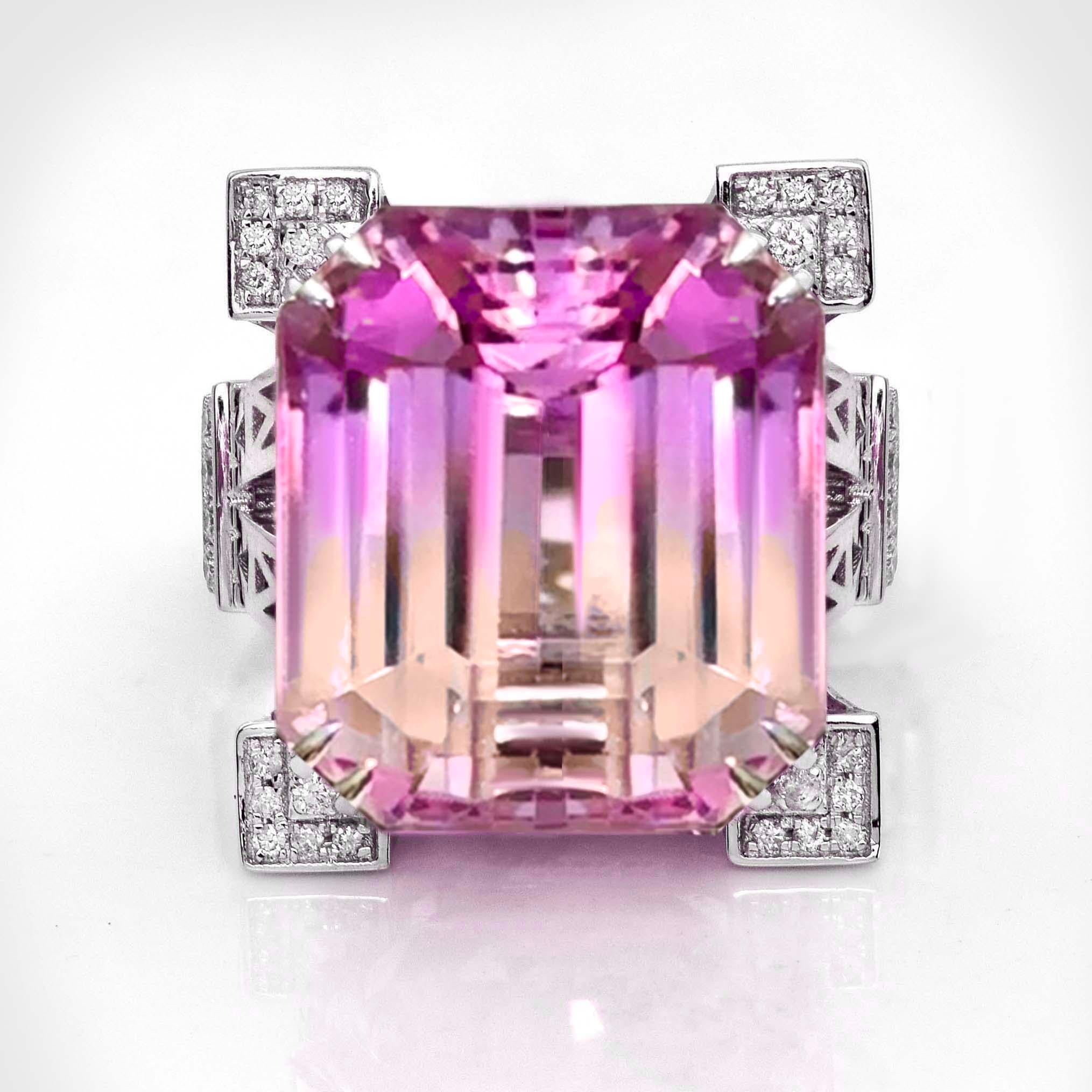 *IGI 18K 30.06 ct Dual-Color Kunzite&Diamonds Antique Art Deco Engagement Ring*
Natural intense dual-color Kunzite as the center stone weighing 30.06 ct surrounded with natural diamonds weighing 0.64 ct on the 18K white gold La Tour Eiffel  design