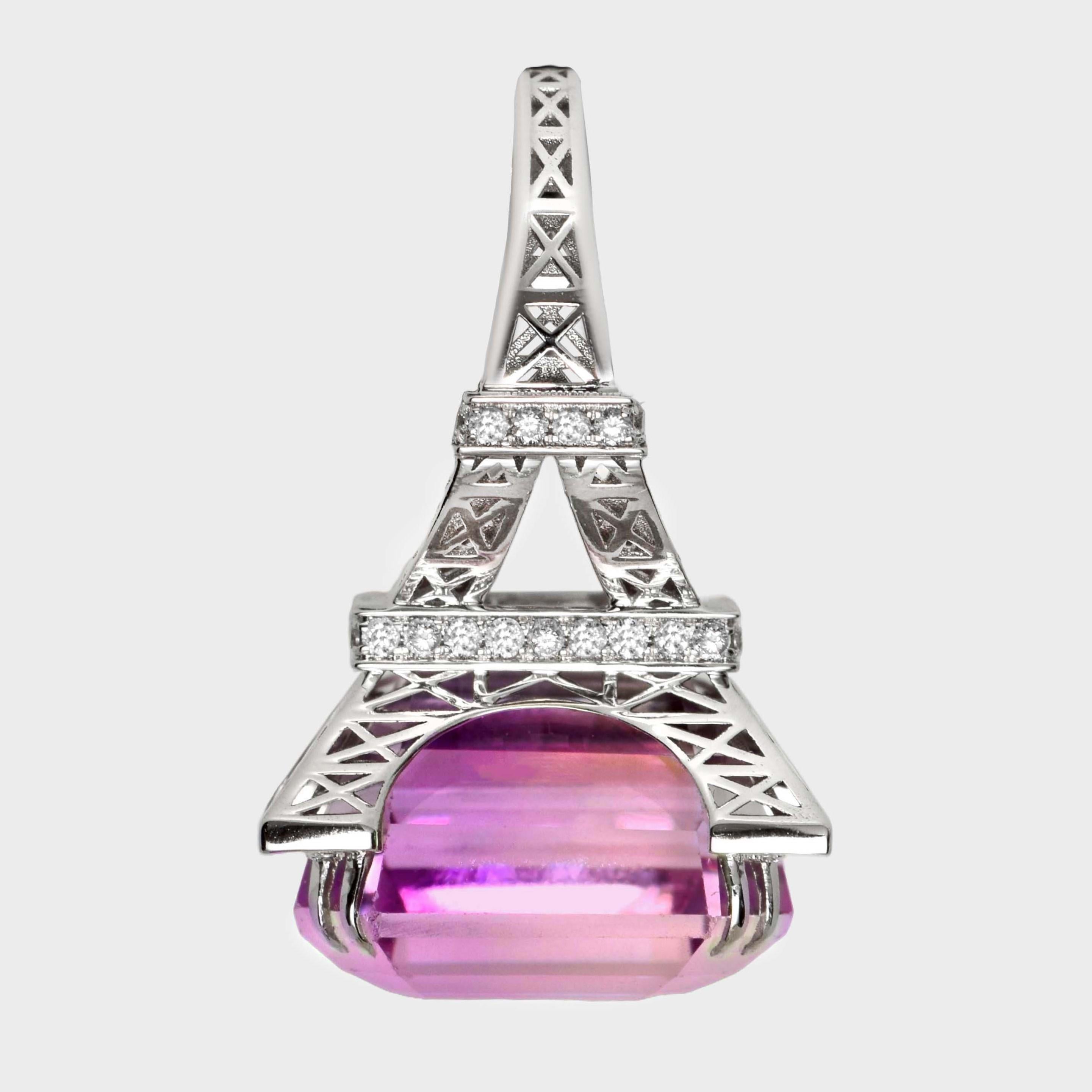Cushion Cut IGI 18K 30.06 ct Dual-Color Kunzite&Diamond La Tour Eiffel Cocktail Ring For Sale